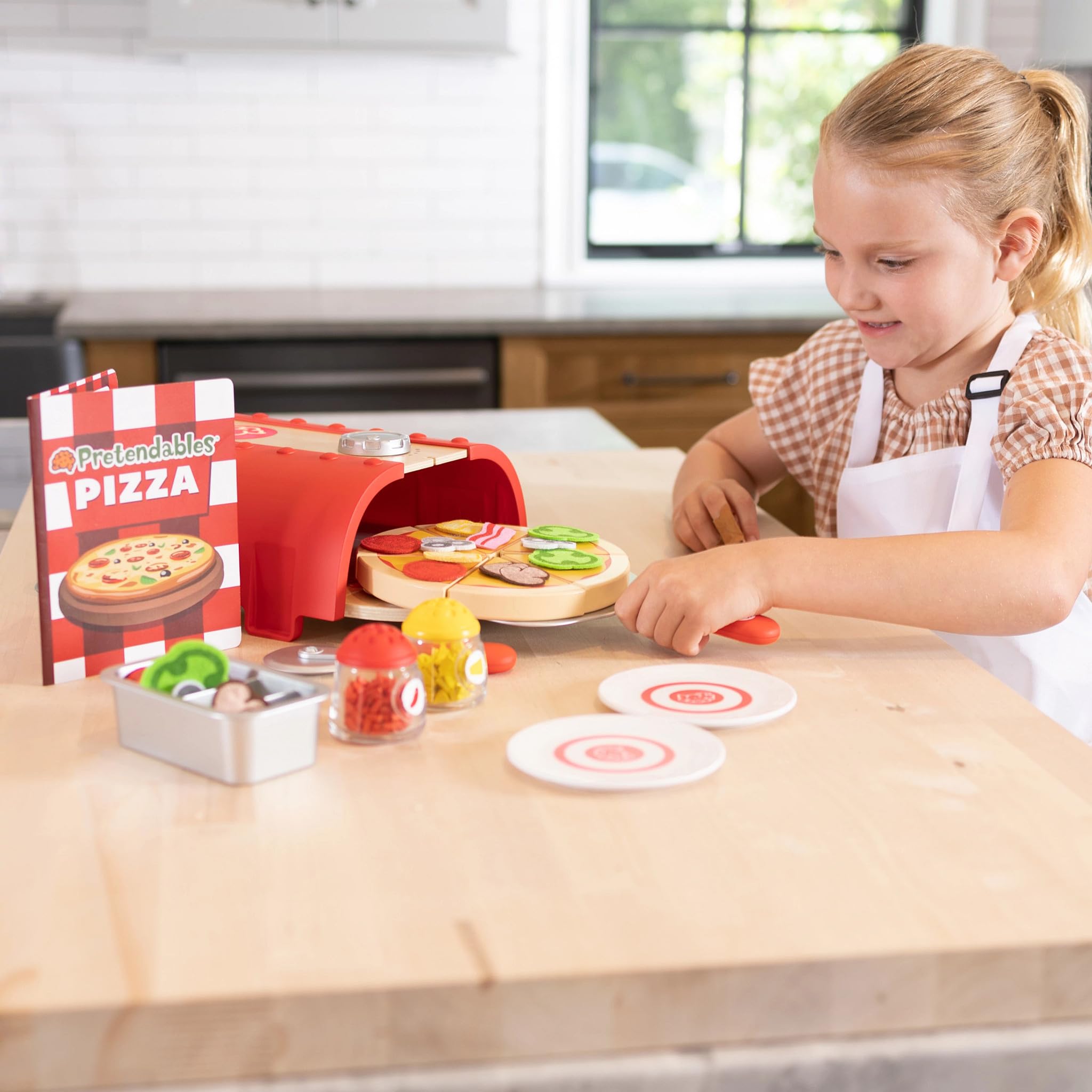 Fat Brain Toys Pretendables Backyard Pizza Oven Set felt toppings for tactile pretend cooking