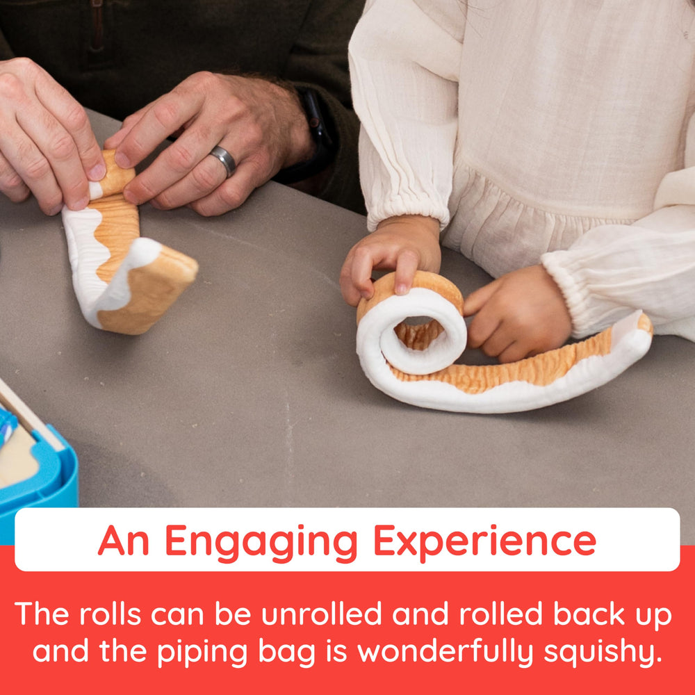 Fat Brain Toys Pretendables Cinnamon Roll Set includes a child-sized oven mitt for realistic play.