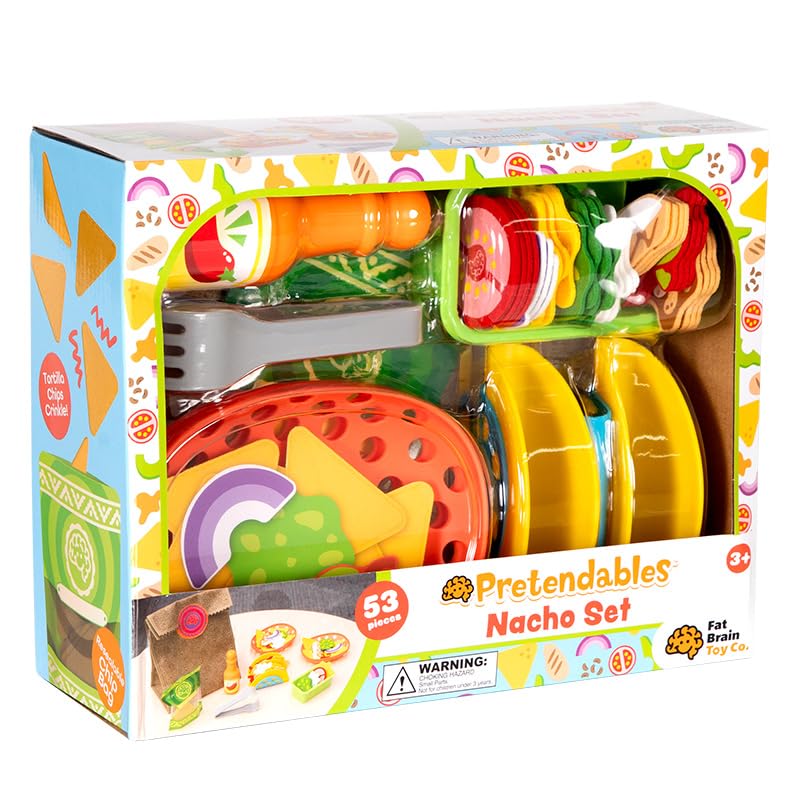 Fat Brain Toys Pretendables Nacho Set ingredients tray with tongs for hands-on pretend cooking.