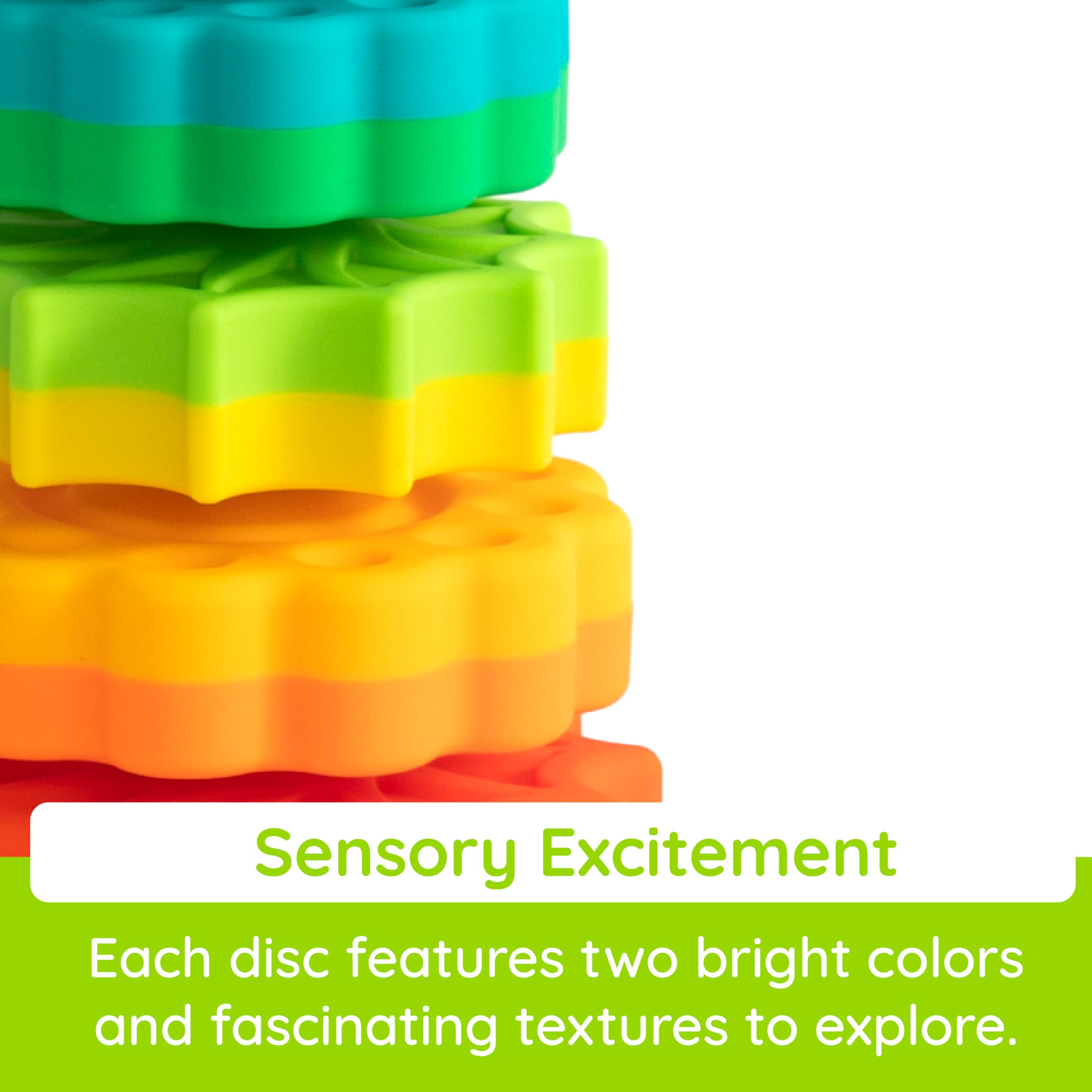 Fat Brain Toys SpinAgain tactile-textures inviting sensory exploration during stacking.