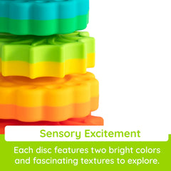 Fat Brain Toys SpinAgain tactile-textures inviting sensory exploration during stacking.
