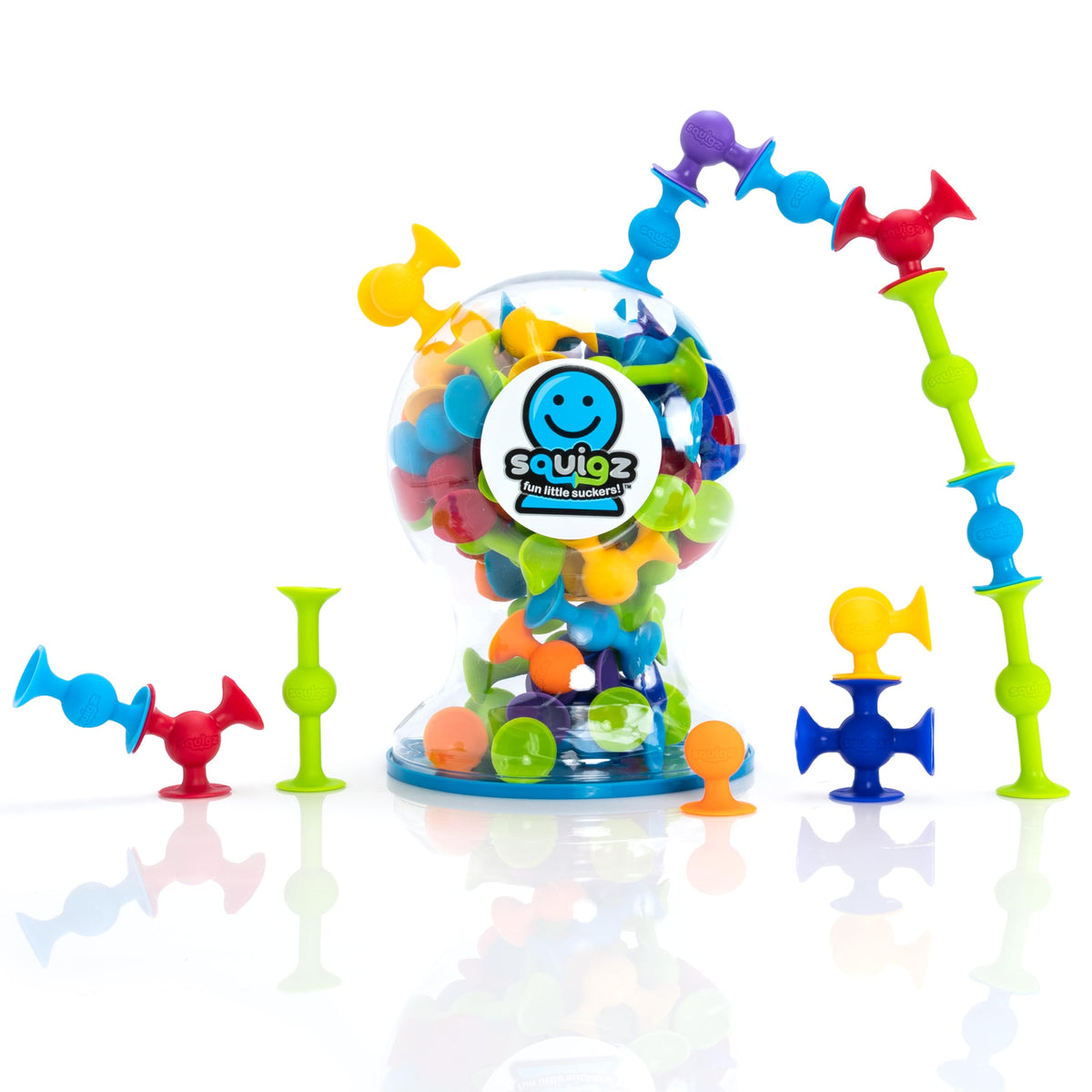 Fat Brain Toys Squigz Deluxe 50-piece packshot showing colorful suction pieces for creative play
