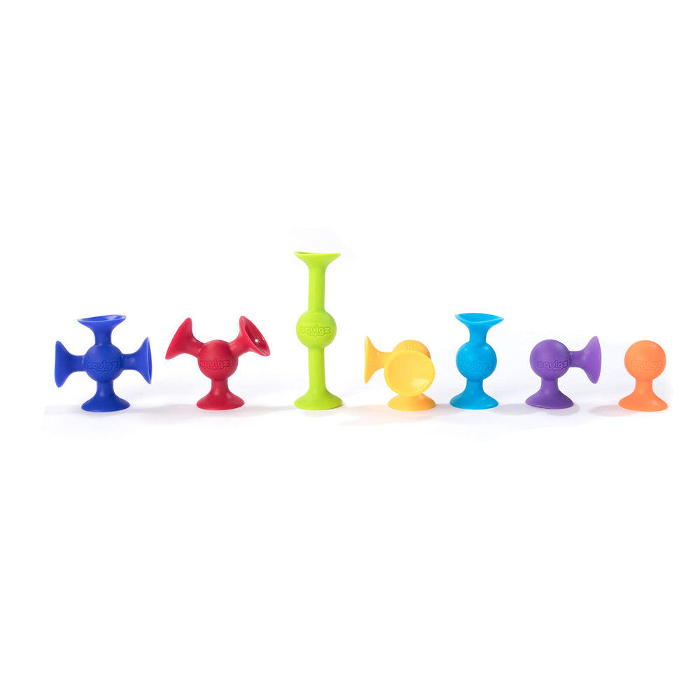 Fat Brain Toys Squigz Deluxe 50-piece set laid out for colorful construction
