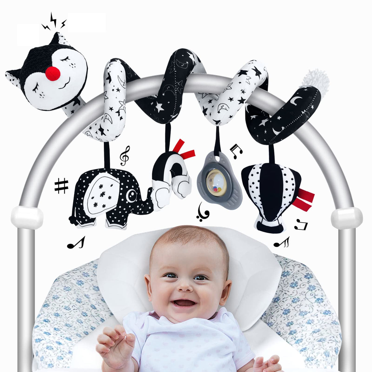 FATI car seat spiral toy in black and white for newborn visual engagement