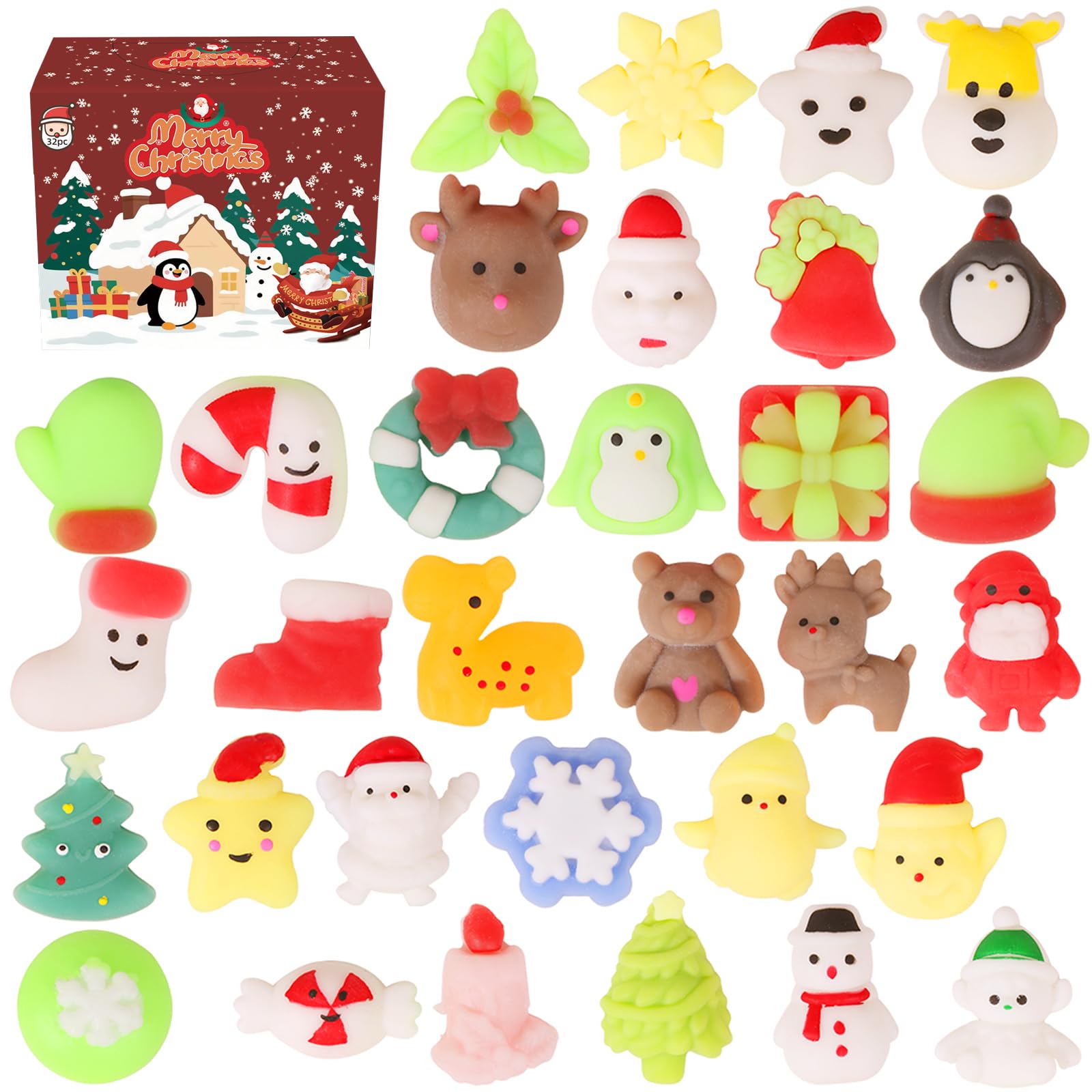 FauKait 32pcs Christmas Mochi Squishies set shown in festive colors for holiday gifting.