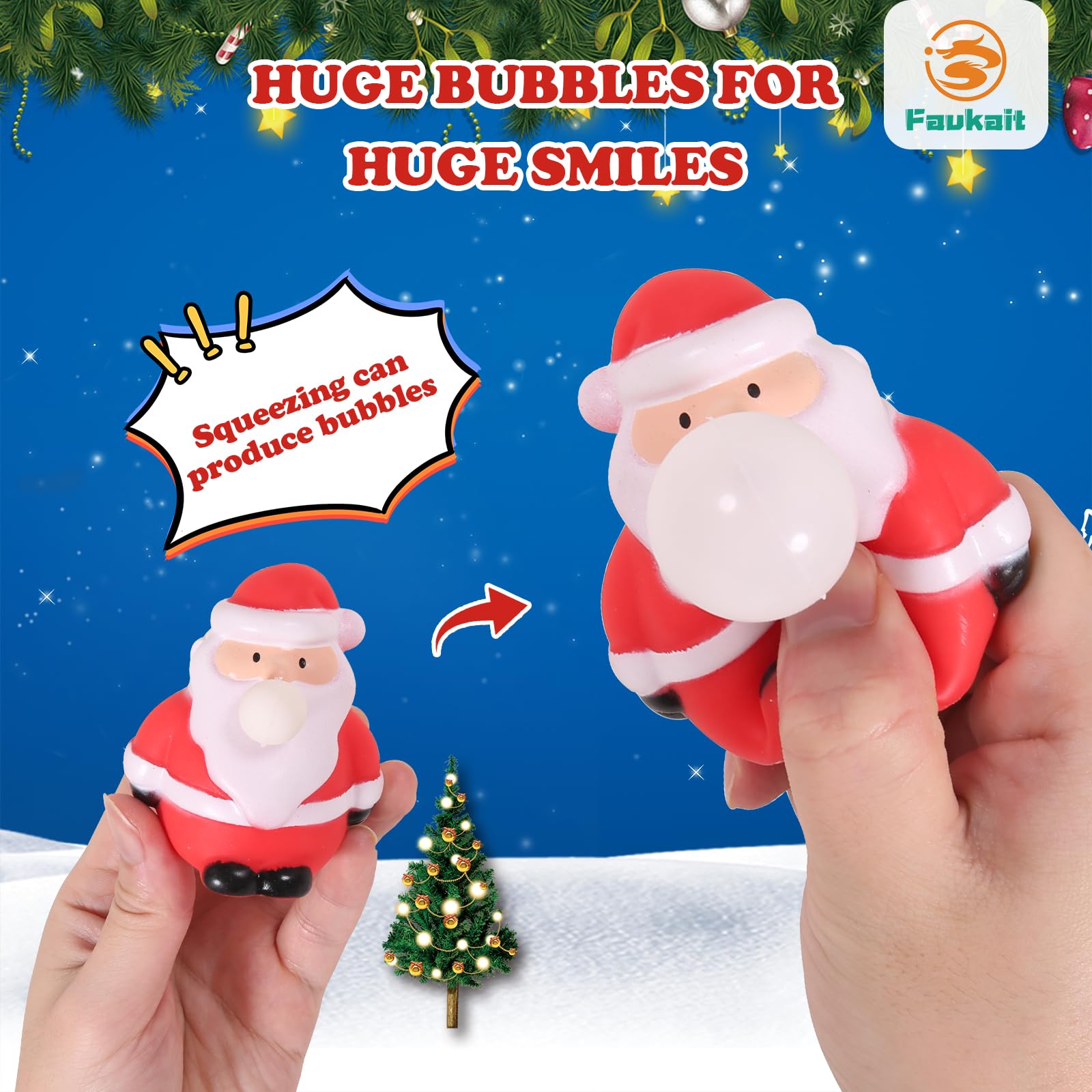 FauKait Santa Squeeze Eyes action showcases instant giggles and party favor appeal