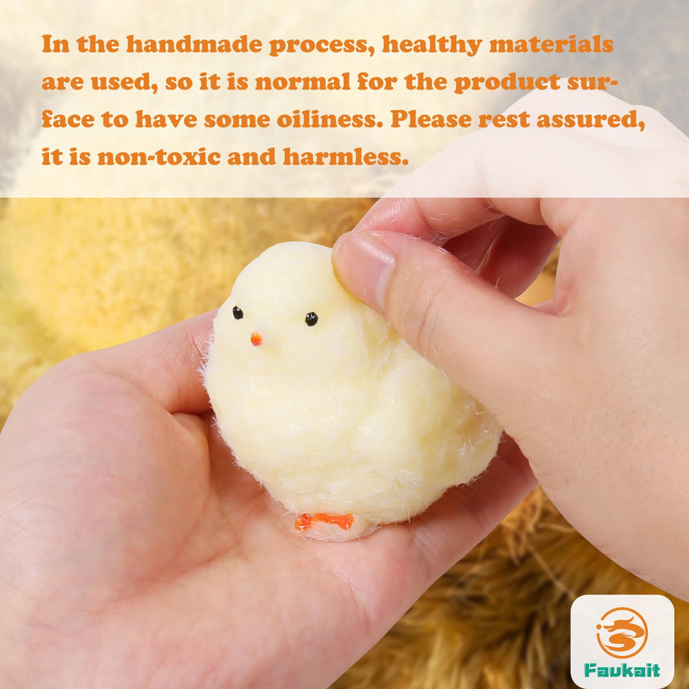 FauKait handmade chick squish toy side view showing pliable material for calming compression.