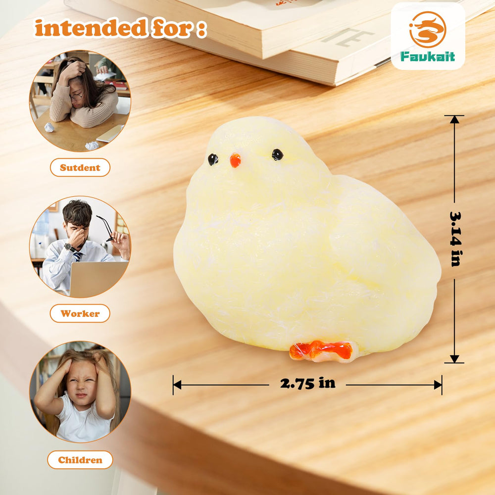 FauKait chick toy includes care tips to minimize shedding during squeezes.
