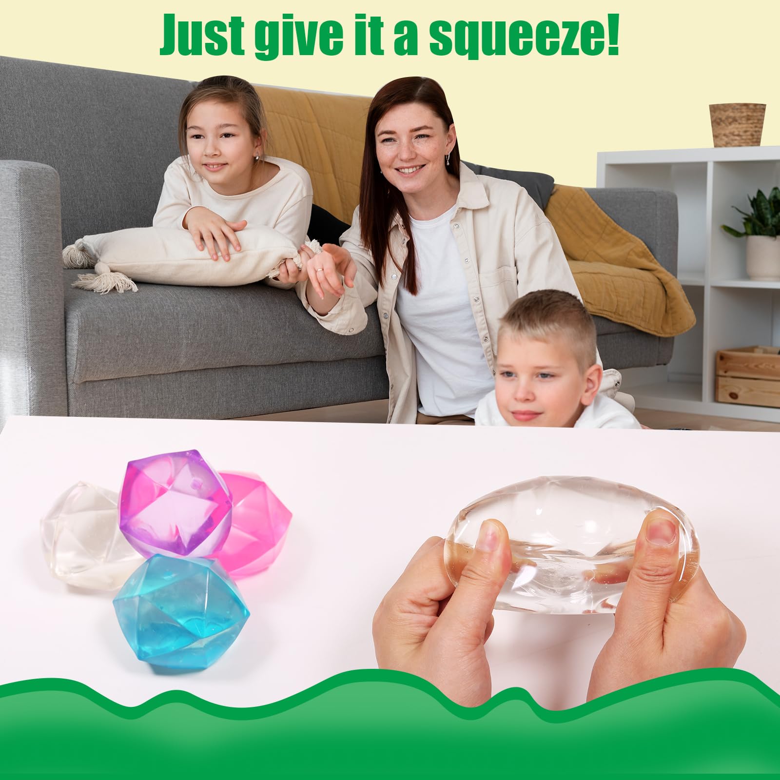 FauKait StressCube green squeeze-action demonstrates easy hand exercise on the go