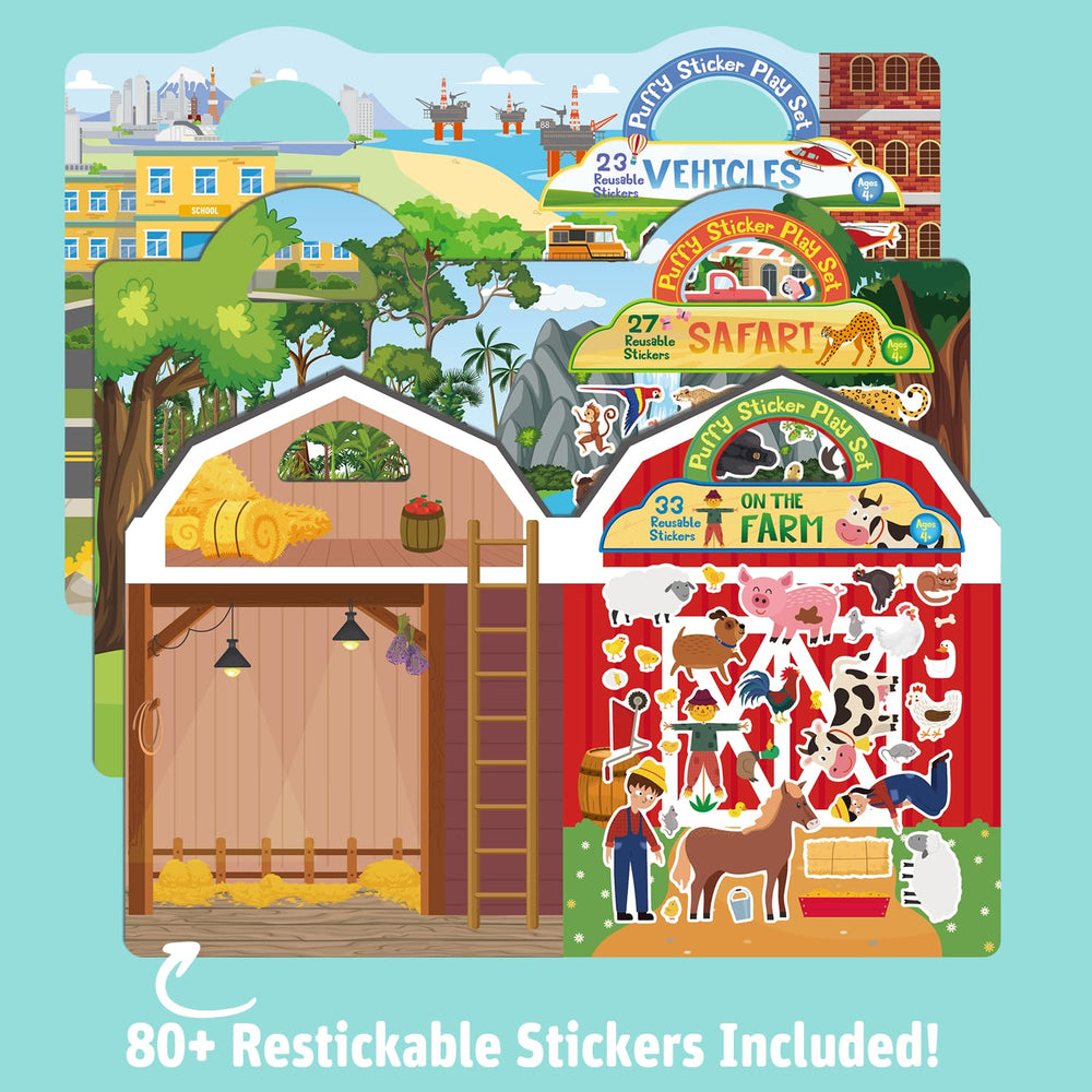 FAVORGEAR Puffy Sticker Book stickers restickable for mess-free play.