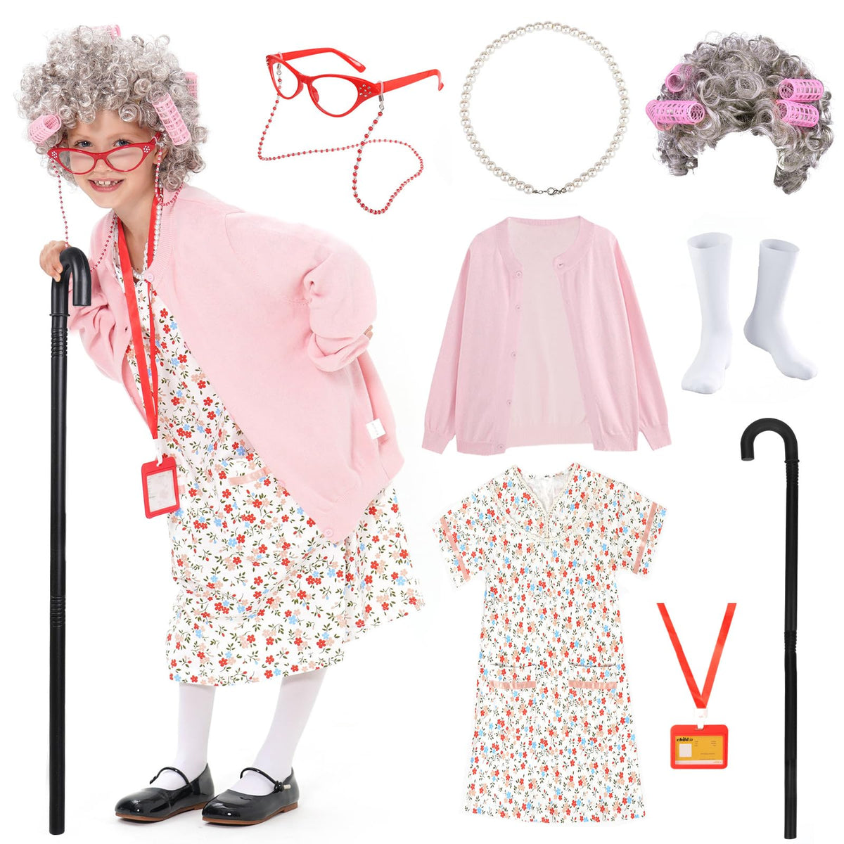 FAYBOX old-lady-dress costume for kids, comfortable for 100 Days of School.
