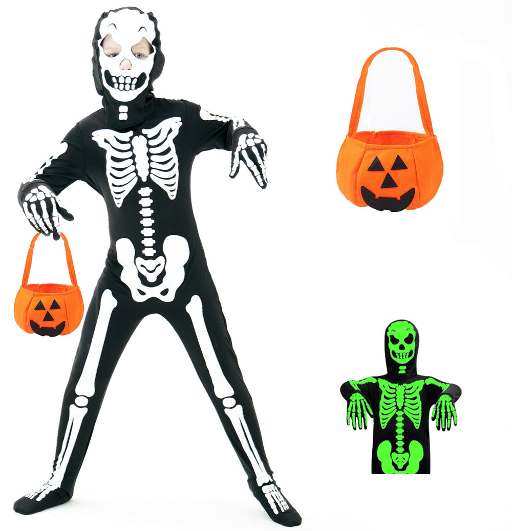 Faybox glow-in-the-dark skeleton jumpsuit for kids, ideal for Halloween trick-or-treating