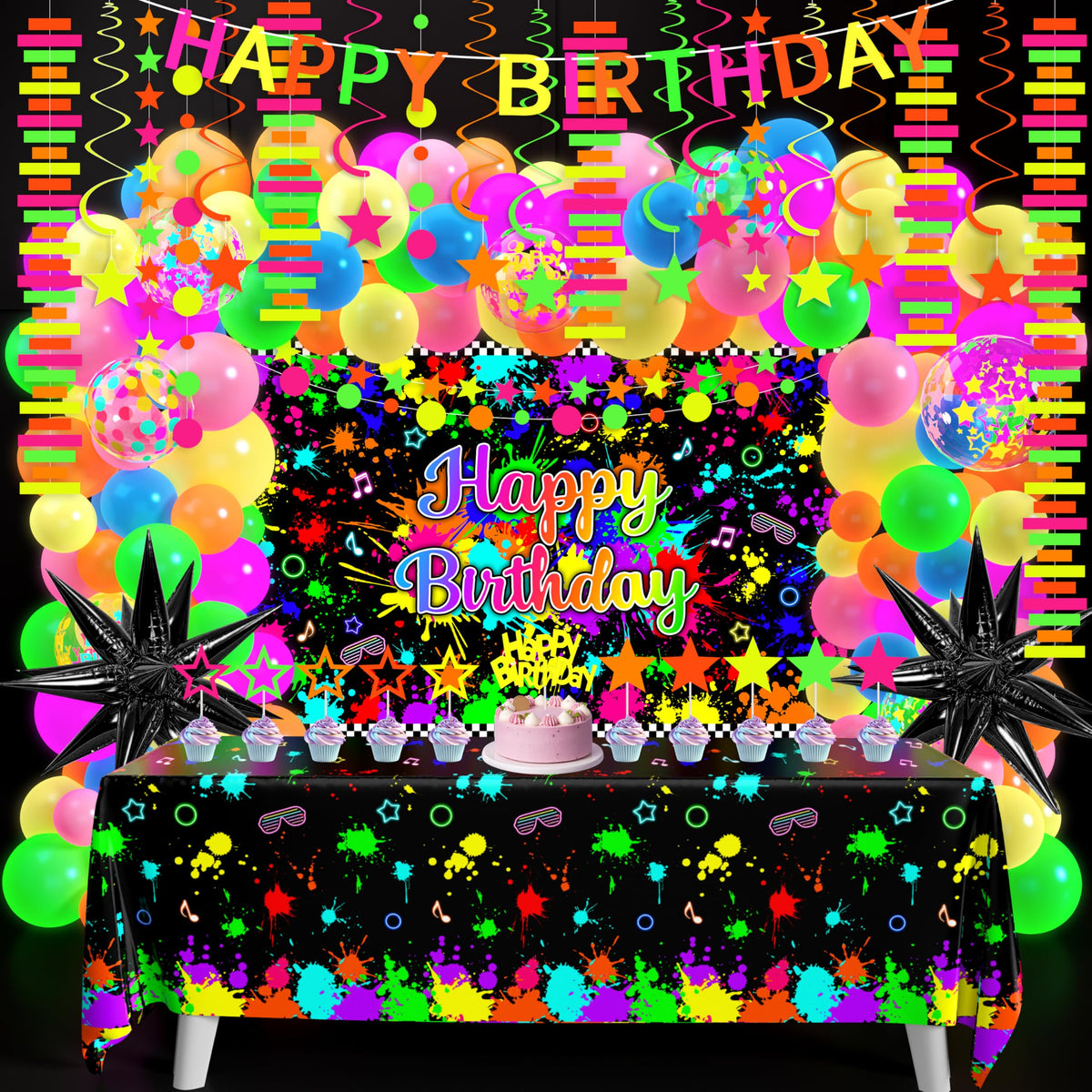 Fayoo neon birthday backdrop glows under UV light for party photos.