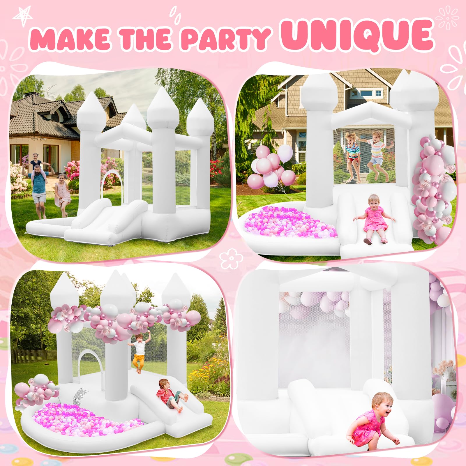 FBSPORT white bounce house with slide for easy access and motion
