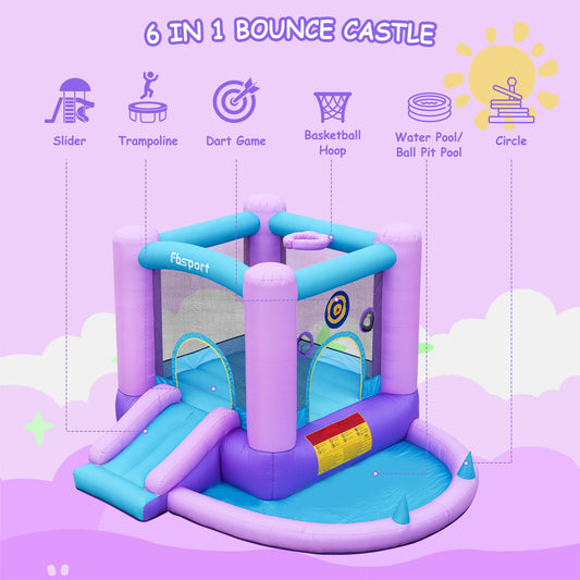 FBSPORT 5-in-1 bounce castle with ball pit, dart game, and basketball hoop