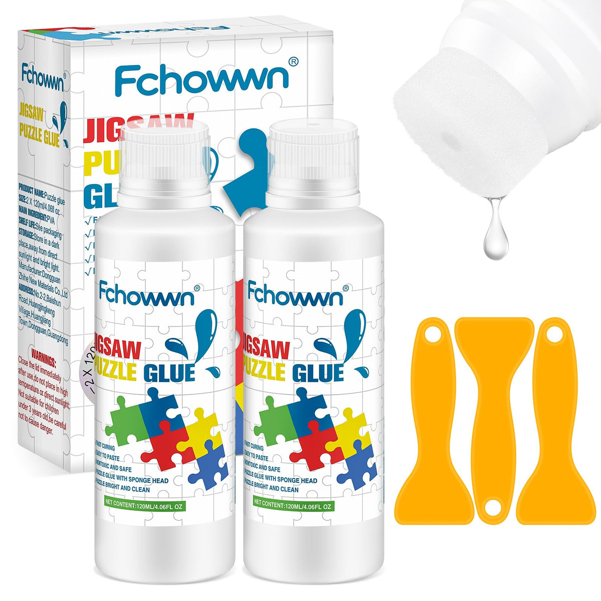 Fchowwn Jigsaw Puzzle Glue bottles in front, ideal for large puzzles and quick setup