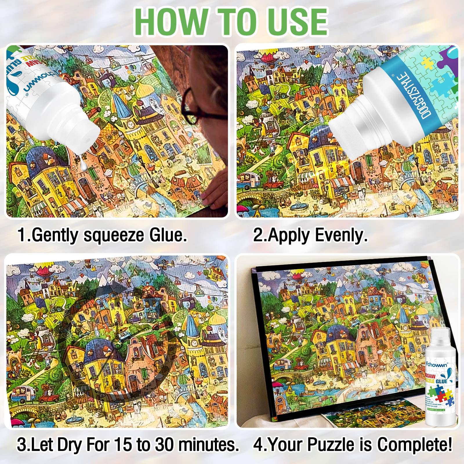 Fchowwn glue suits paper and wood puzzles for versatile crafting