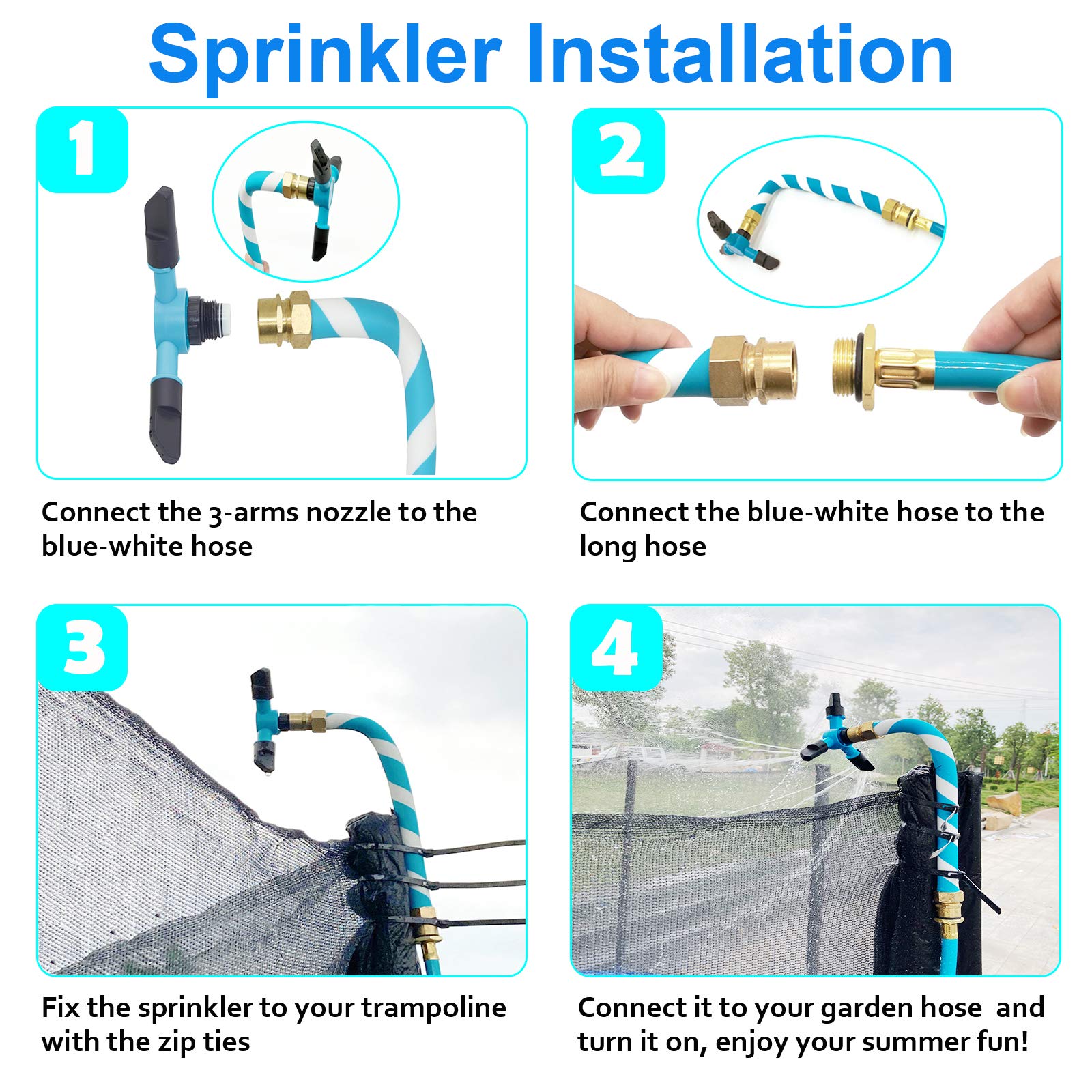 FCLLD sprinkler on trampoline poles for quick installation.
