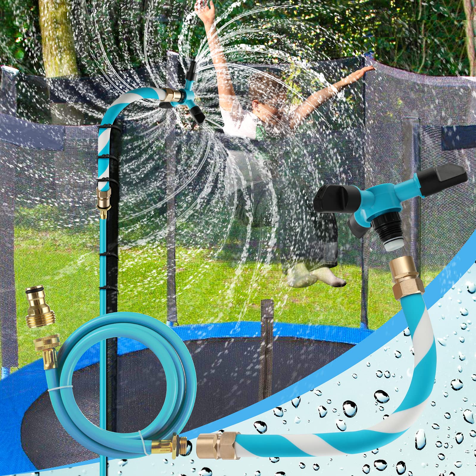 FCLLD trampoline sprinkler angled nozzles deliver wide spray for fun.