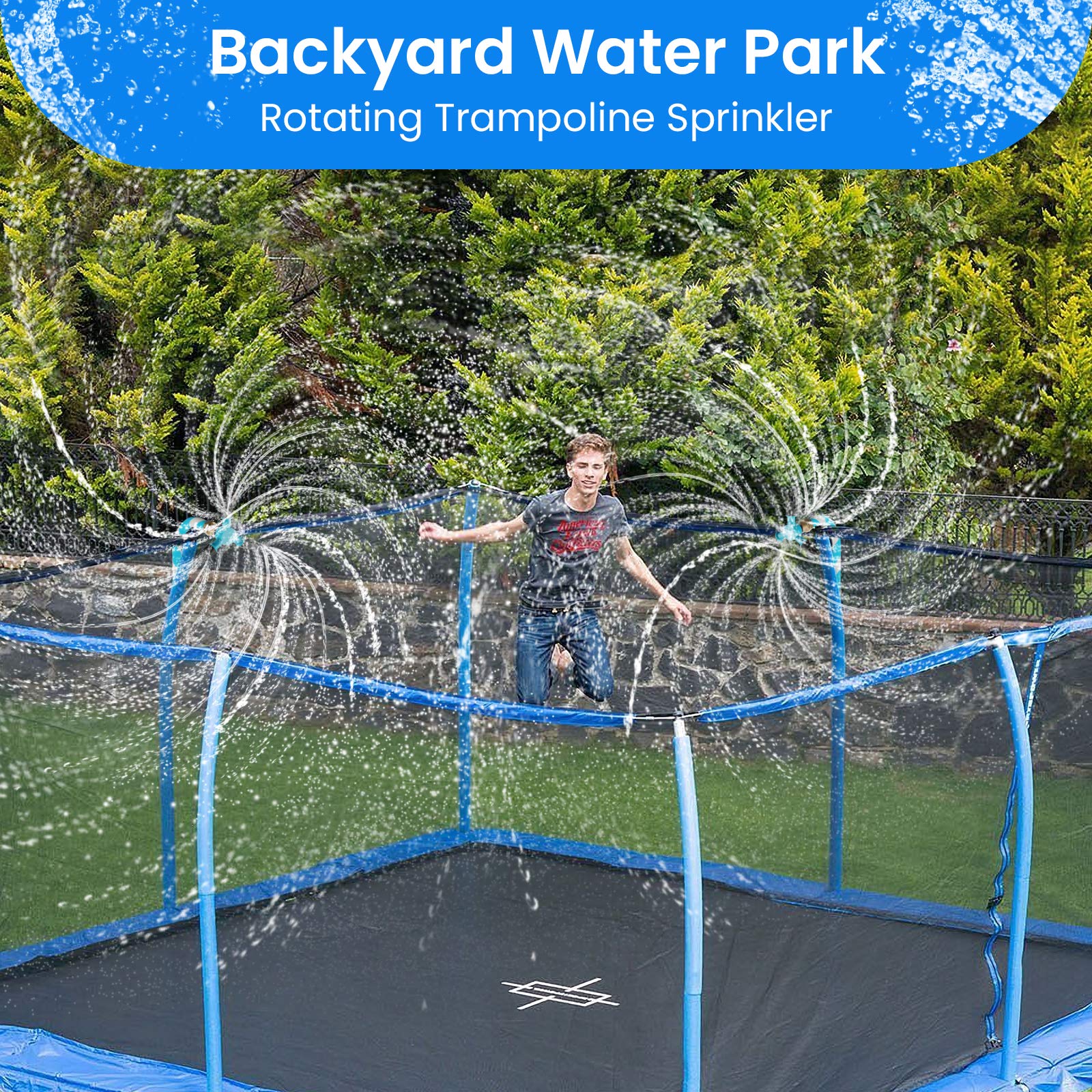 FCLLD trampoline sprinkler rotating arms deliver 360-degree mist.