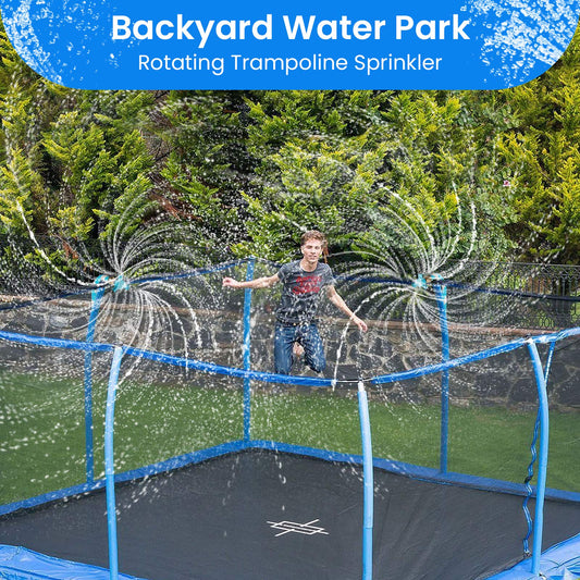 FCLLD trampoline sprinkler rotating arms deliver 360-degree mist.