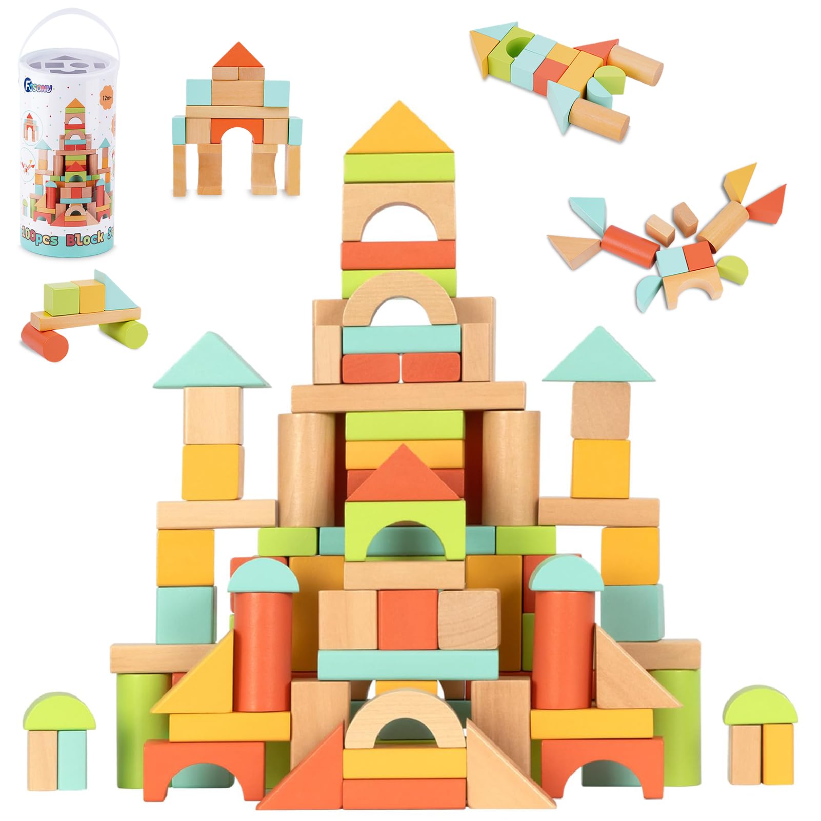 FCSONU wooden blocks 100pcs set for colorful creative building and fine motor play