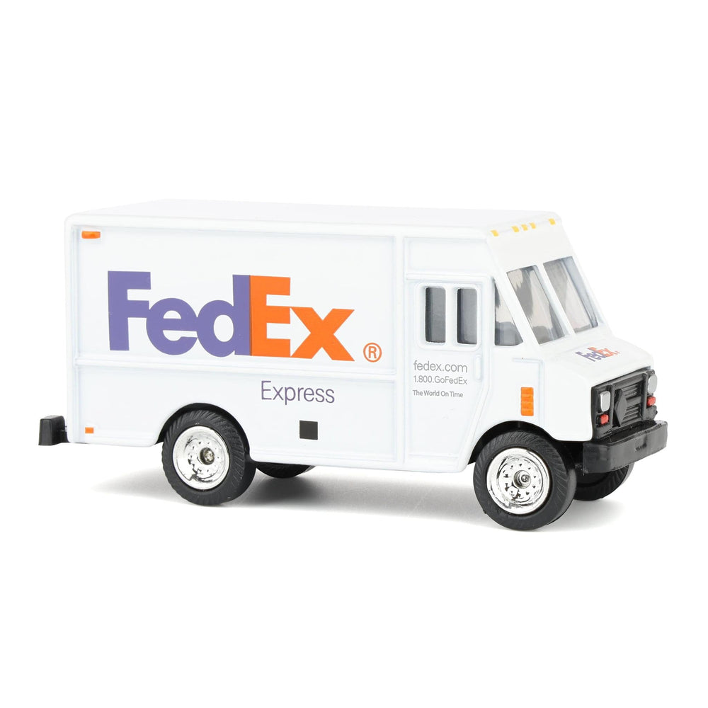 FedEx Express 1/64 die-cast delivery van side view showcasing decals and scale for collection