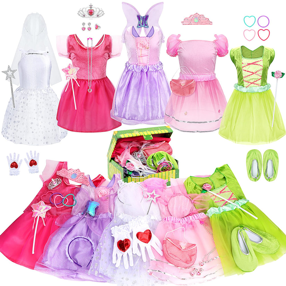 Fedio dress up trunk with green fairy costume for imaginative play.