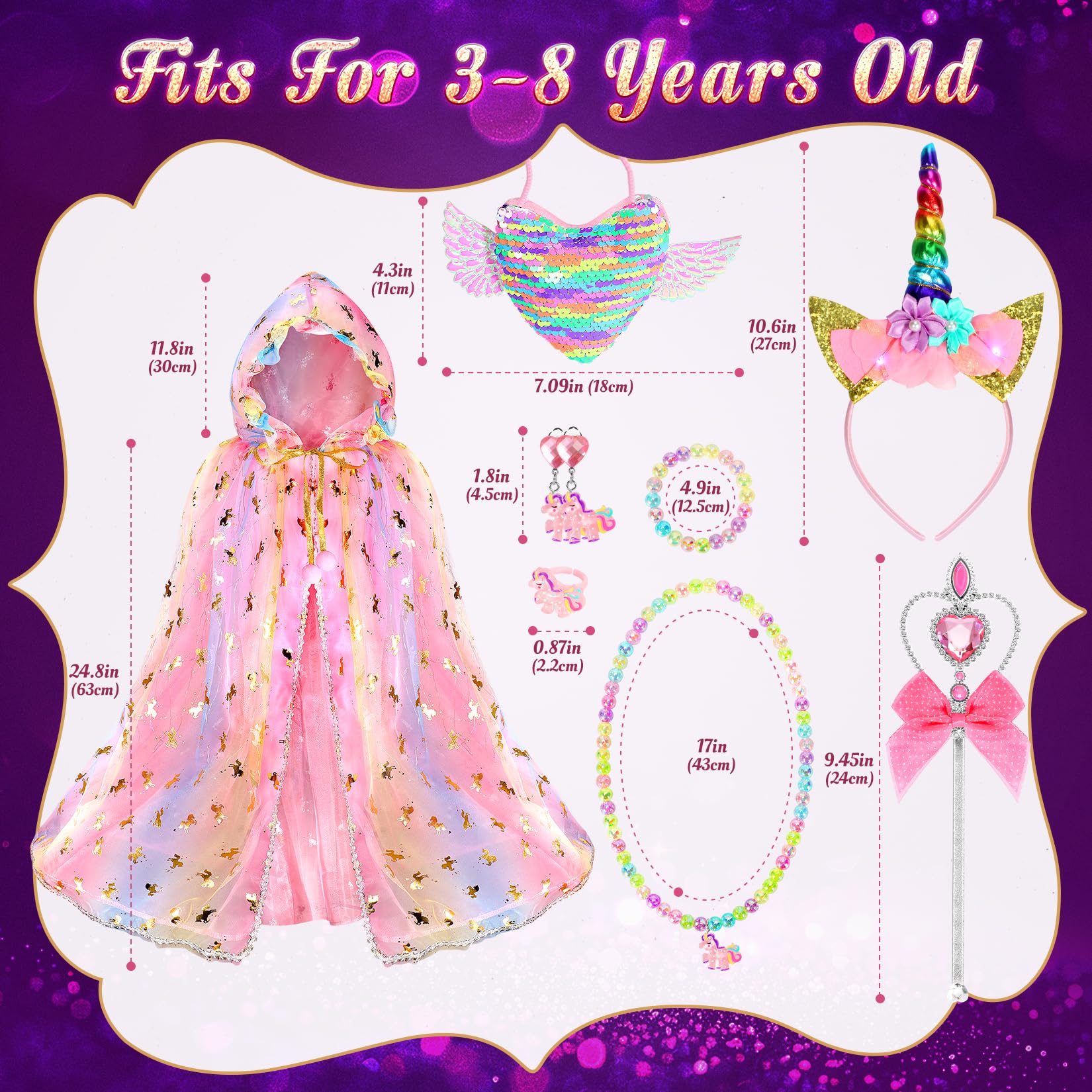 Fedio gold unicorn print cape catches light for dramatic reveals during dress-up.