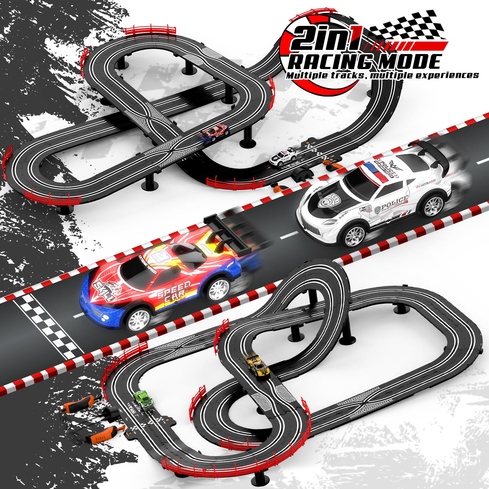 Fedonak 4 high-speed slot cars with LED lights for dramatic nighttime racing.