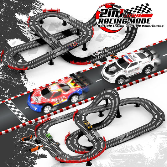 Fedonak 4 high-speed slot cars with LED lights for dramatic nighttime racing.