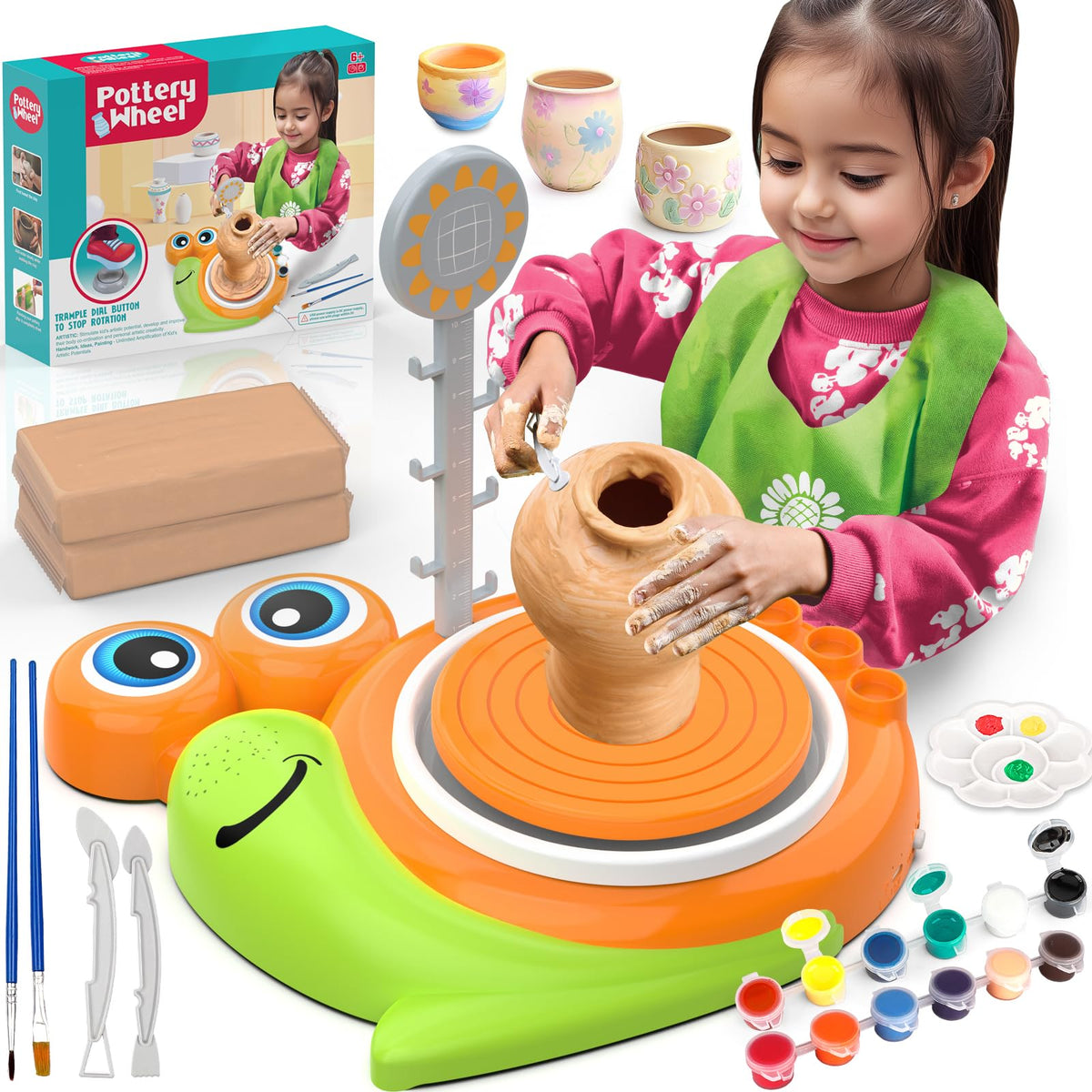 Fedonak pottery wheel for kids with complete kit, inviting beginners to start creative pottery projects.