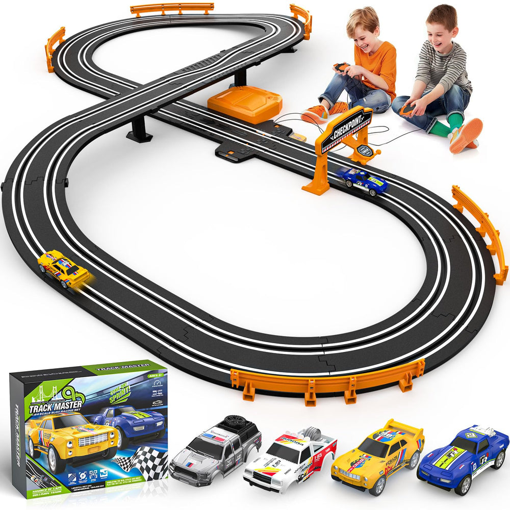 Fedonak slot car track with two high-speed cars ready to race