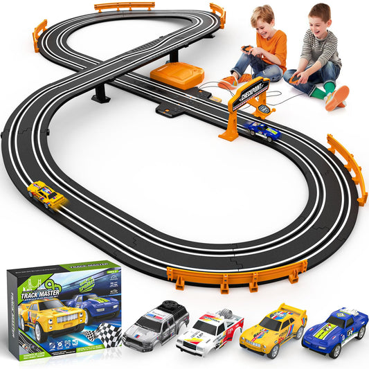 Fedonak slot car track with two high-speed cars ready to race