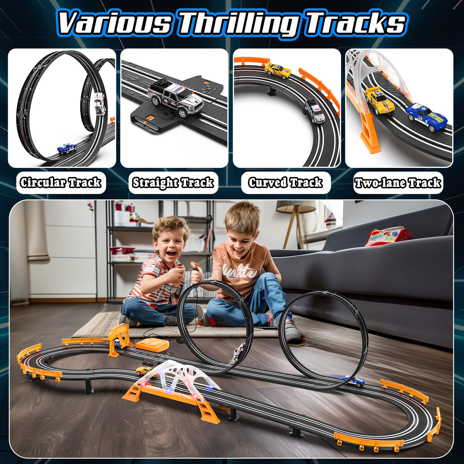 Fedonak slot car track two-lane layout enables head-to-head racing