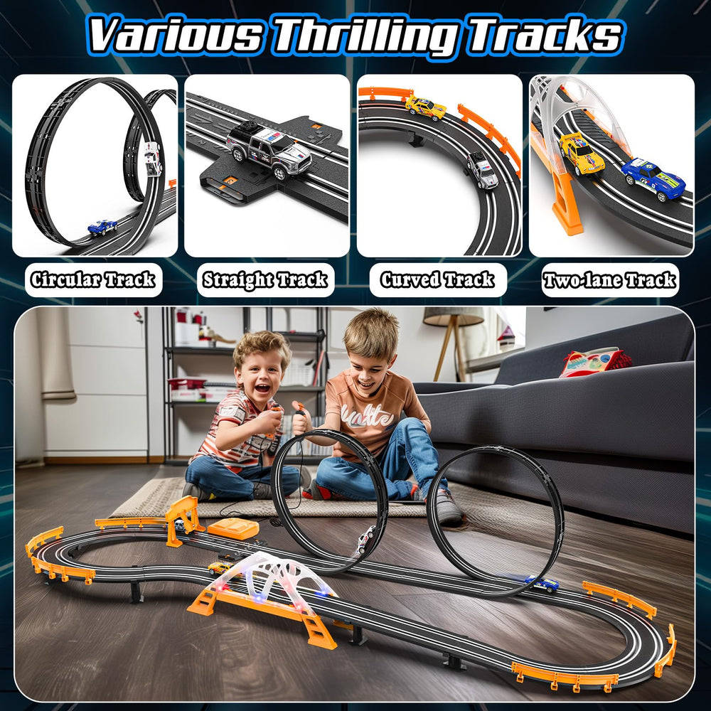 Fedonak slot car track two-lane layout enables head-to-head racing