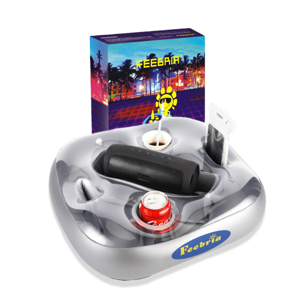Feebria upgraded pool drink holder showing extra-large slots for drinks and snacks