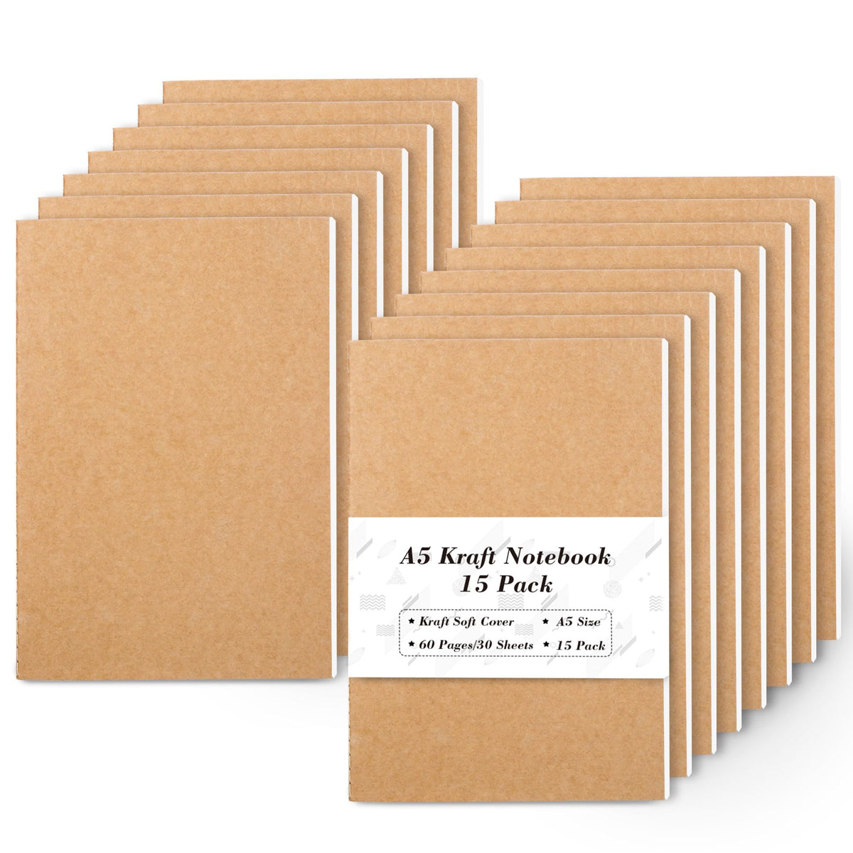 Feela 15-pack A5 kraft notebooks pack shot showing portability for easy on-the-go use