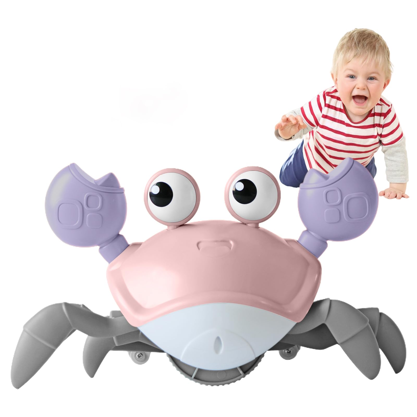 FEELGUY crawling crab toy demonstrates durable shell and bright lights for toddlers.