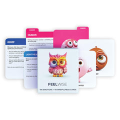 FeelWise emotional intelligence card deck front view with colorful cards for self-awareness.