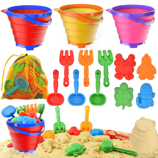 Fegalop collapsible buckets on the beach, easy to pack for travel.