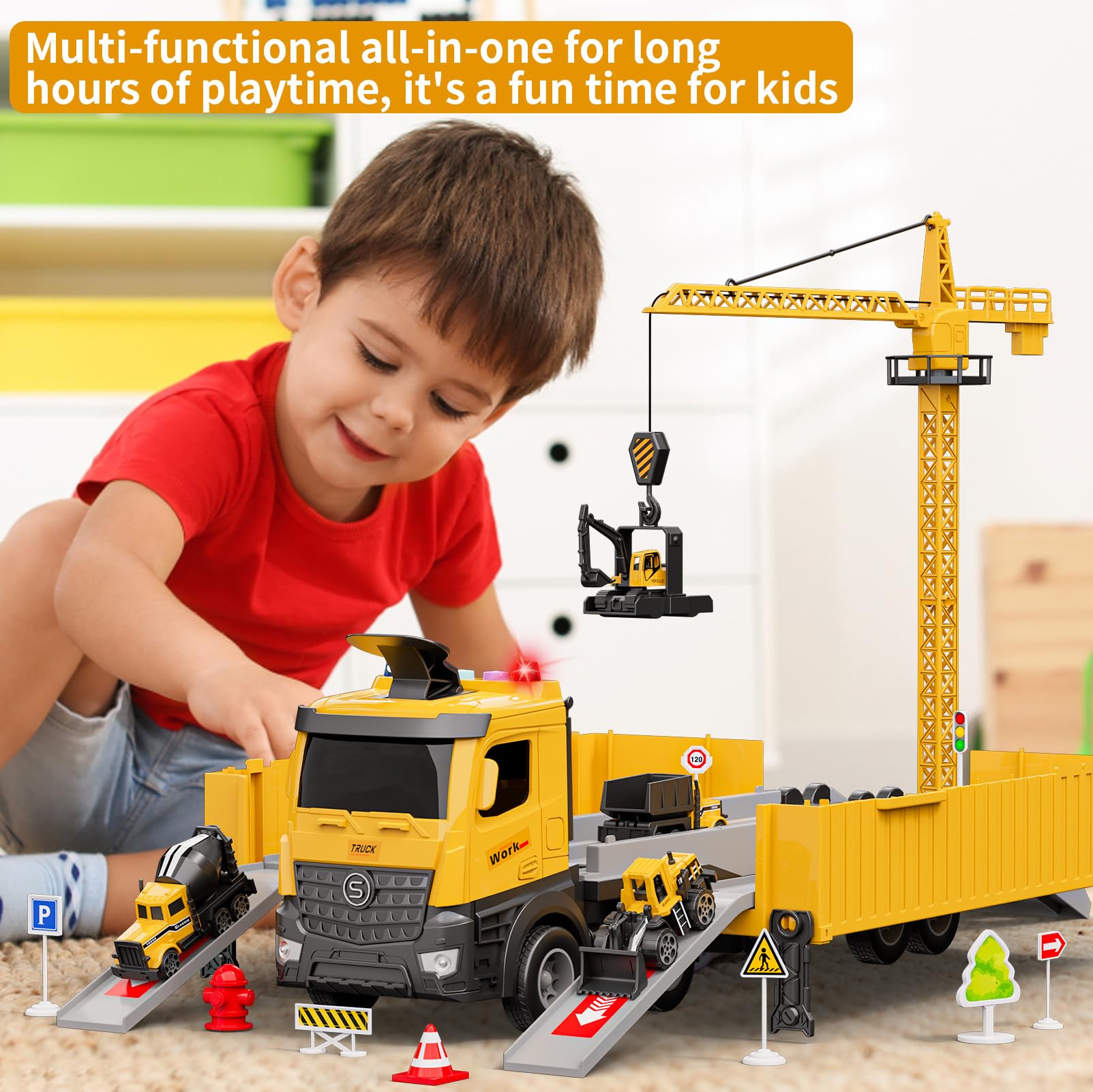 FEIDAMA construction vehicles set includes crane and excavator for versatile pretend projects.