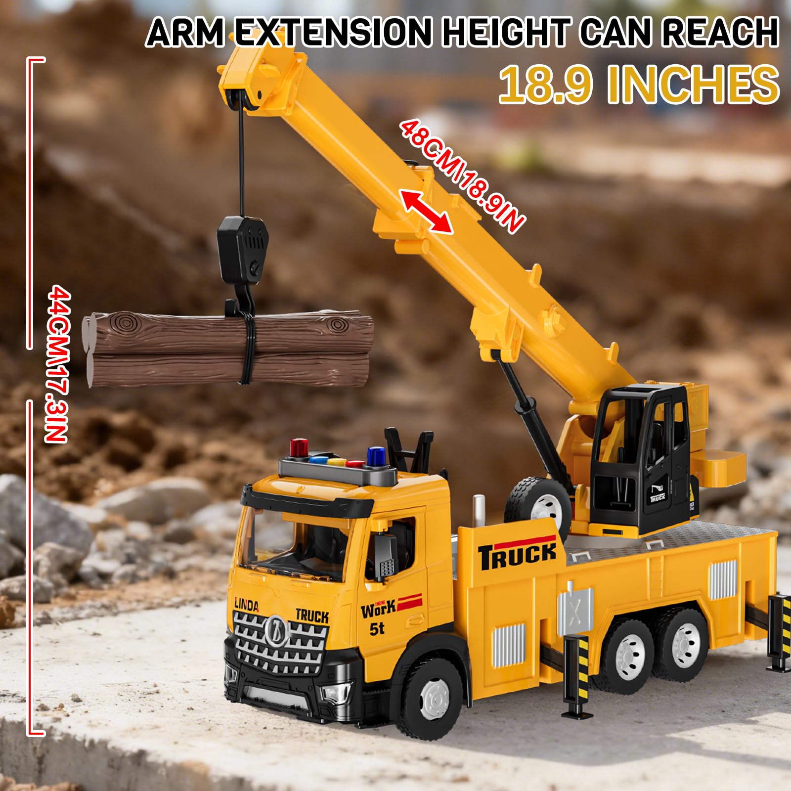 FEIDAMA mobile crane toy side view highlights movable joints for dynamic posing