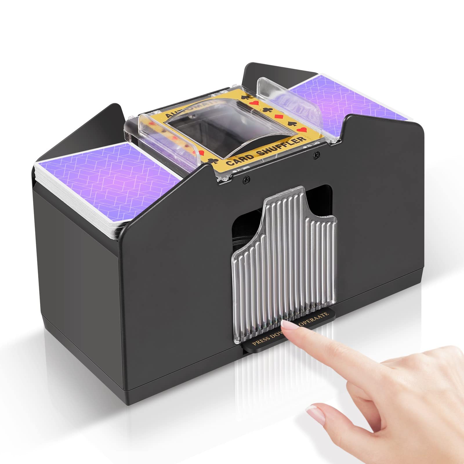 FEIERYA shuffler front view speeds up four-deck game setup.