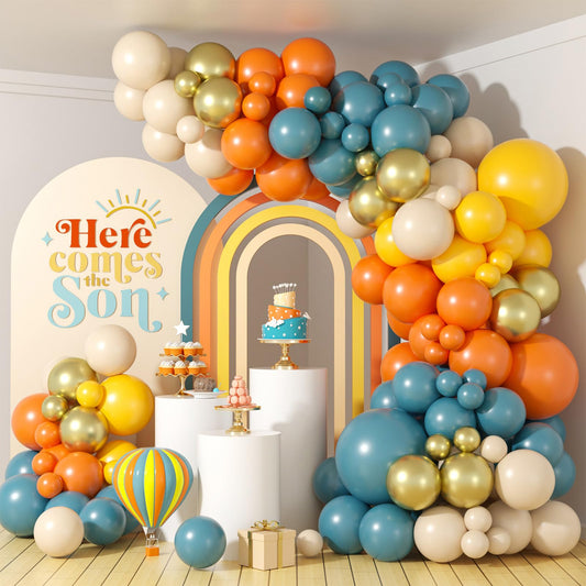 FEYG retro blue, orange, and yellow balloon arch kit enhances party vibes