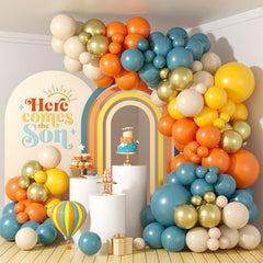 FEYG retro blue, orange, and yellow balloon arch kit enhances party vibes
