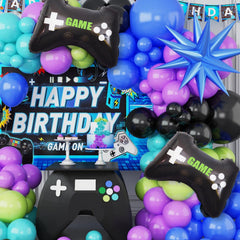 FEYG video game balloon arch kit with blue, purple, green, and black balloons for a vibrant party backdrop.