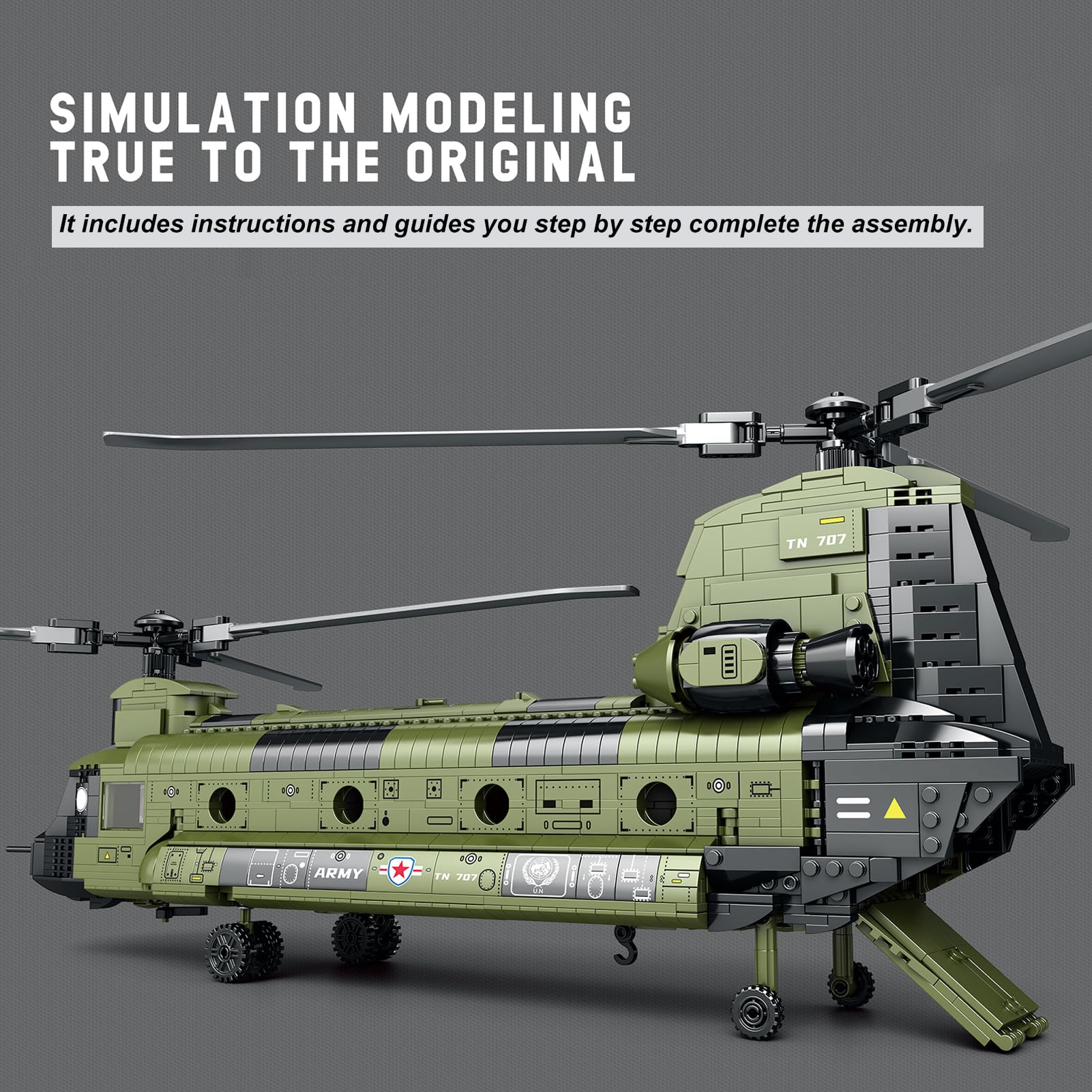 Feleph CH-47 Chinook model with rotating propellers for realism and action