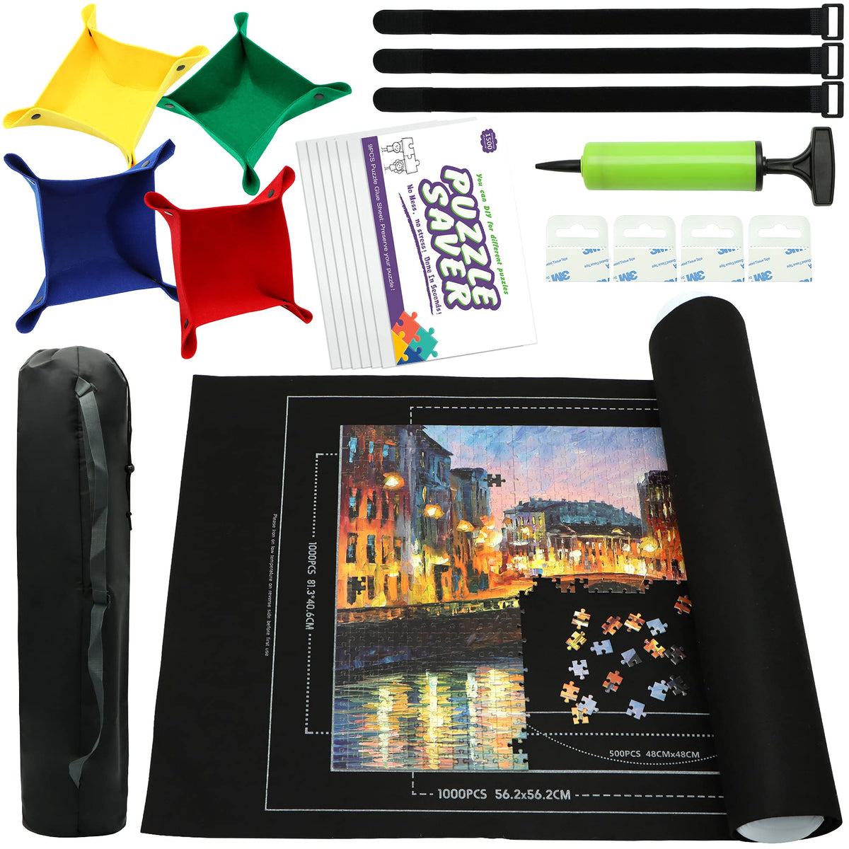 FELIZROCA portable puzzle mat roll-up showing 46x26 inch non-slip surface for easy puzzling