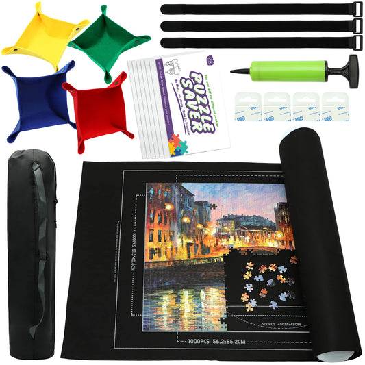 FELIZROCA portable puzzle mat roll-up showing 46x26 inch non-slip surface for easy puzzling